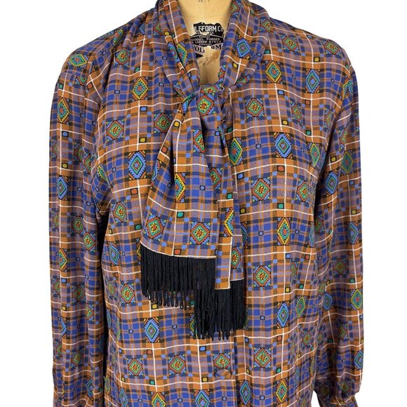 Vintage 80s Southwestern Top Womens M Blue Brown Fringe Necktie Blouse - Picture 6 of 10